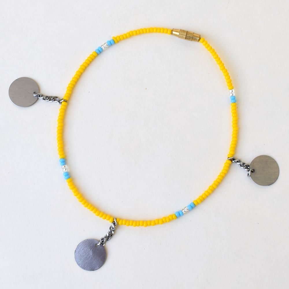 Anklet, Yellow With Silver Charms